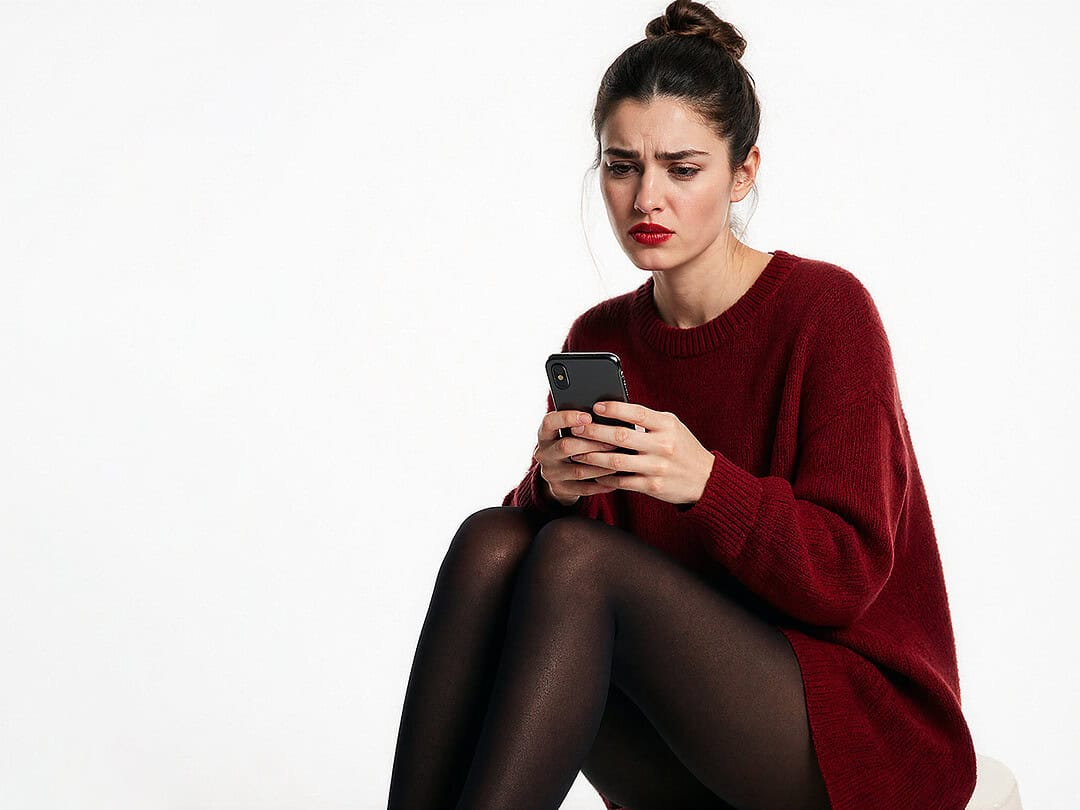Donna che reagisce storcendo il naso guardando il profilo di un uomo su app di incontri — esempio dell’effetto negativo di foto sbagliate su Tinder.