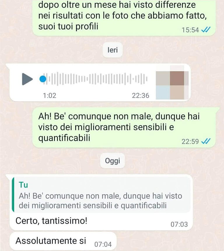 Screen WhatsApp di cliente che ha visto miglioramenti sensibili