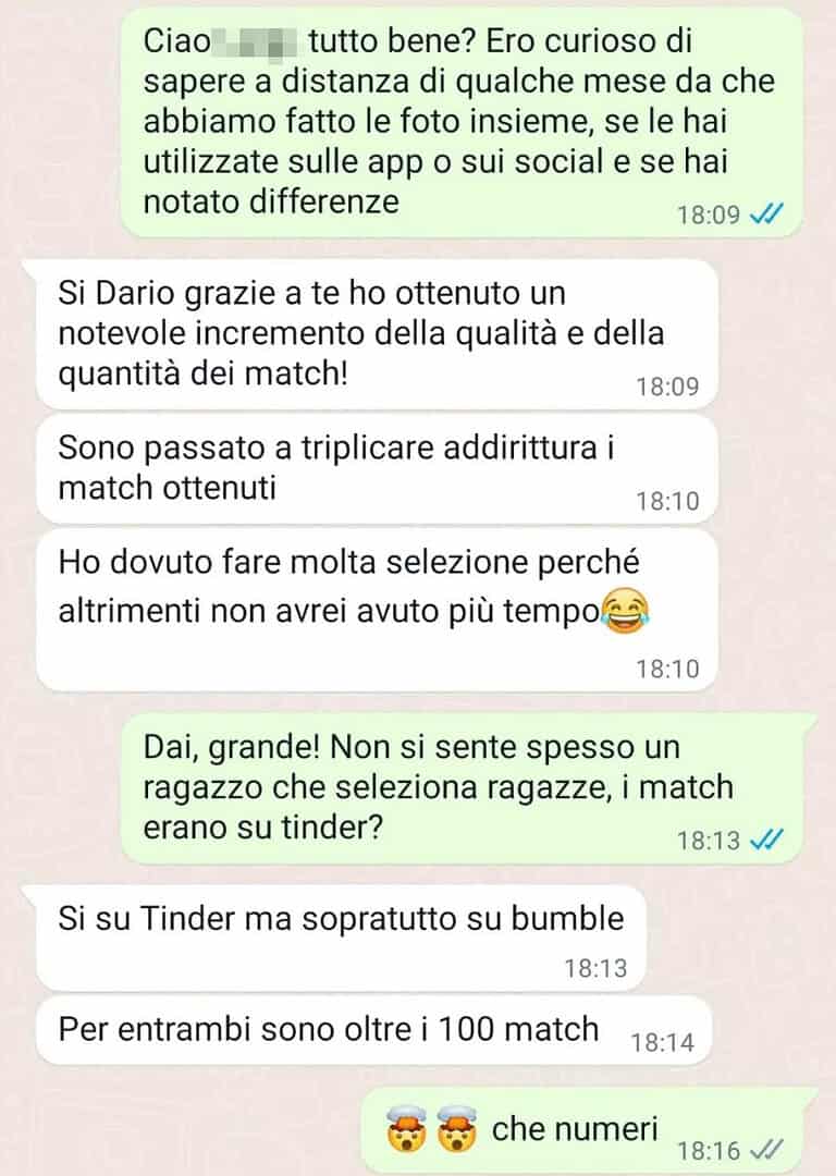 Screen WhatsApp di cliente che ha visto triplicare i match su tinder e bumble