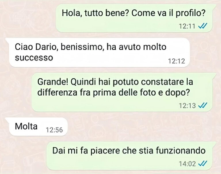 Screen WhatsApp di cliente che dichiara di aver avuto successo con il suo nuovo profilo