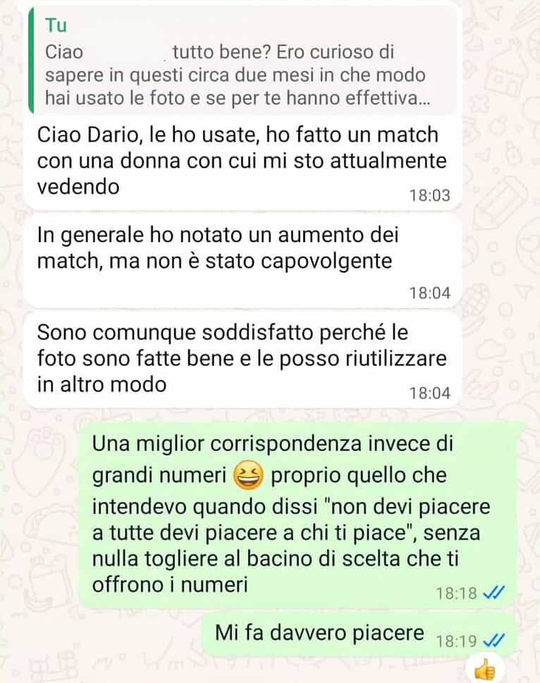 Screen WhatsApp di cliente che non ha visto differenze sconvolgenti ma è contento delle foto e vuole usarle in più modi