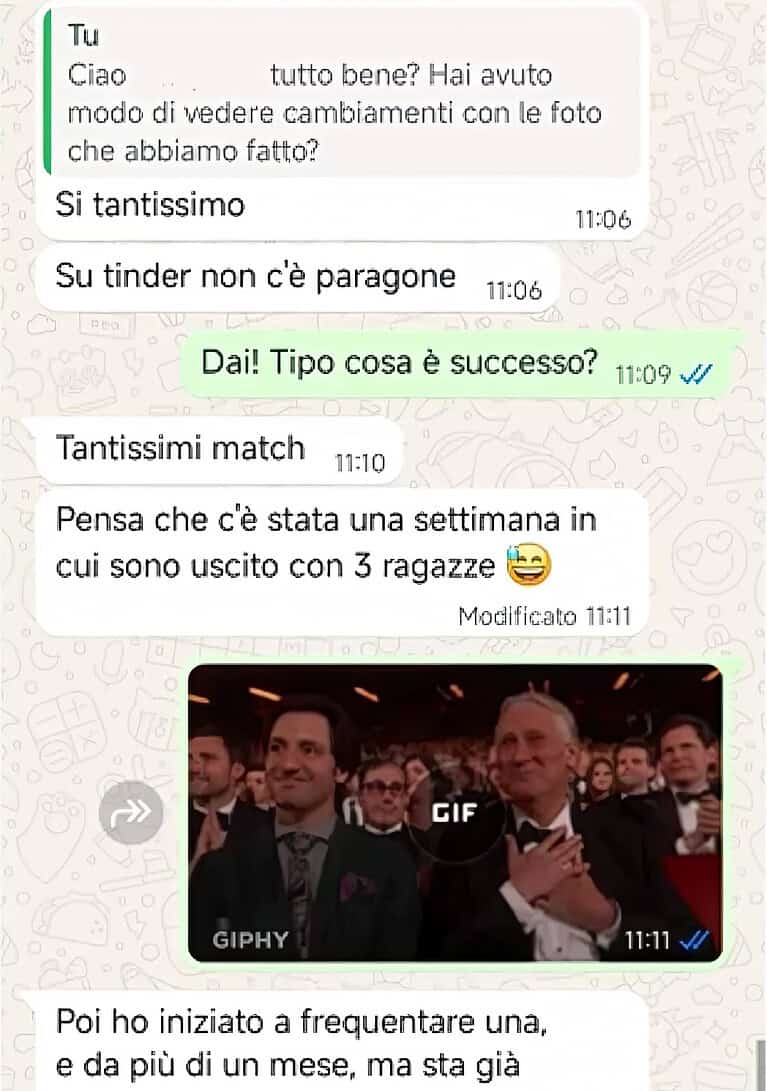 Screen WhatsApp di cliente che è uscito con 3 ragazze in una settimana dopo le nuove foto