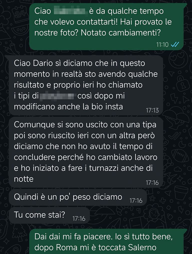 Screen WhatsApp di cliente che ha iniziato a vedere alcuni miglioramenti nel tempo